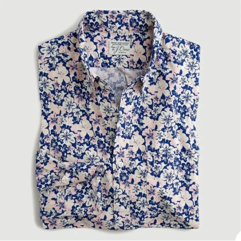 J. CREW Men's EUC Organic Cotton Slim Stretch Long Sleeve Hawaiian Shirt | Small
